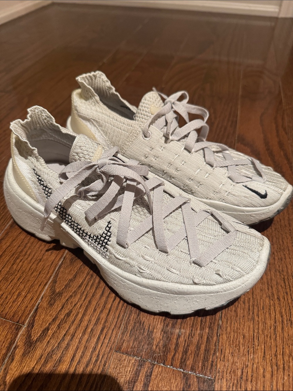 Nike Women’s Cream FlyKnit Lace-Up Platform Sneakers with Black Swoosh